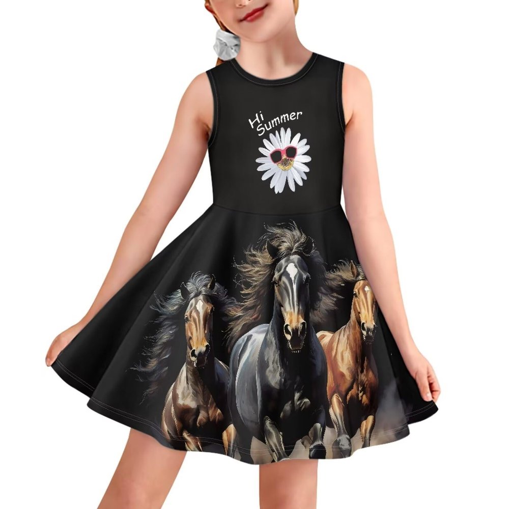 OZELANSAY Kawaii Animal Print Girls Summer Skater Dress Running Horse Sleeveless Shirt Dresses 11-12 Years Kids A-Line Swing Twirly Kawaii Black Dress School Party Casual Clothes Evening