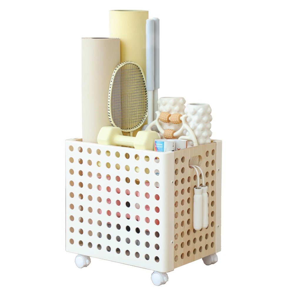 TUJOBA Wood  Plastics Yoga Mat Holder, Home Gym Storage Display Rack with Wheels, Corner Fitness Equipment Organizer, Easy to Assemble