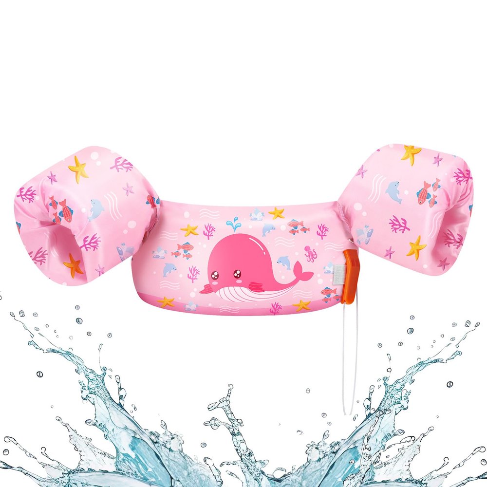 HeySplash Swim Vest for Kids, Toddler Pool Floaties Fit 22-44 Lbs, Swimming Vest with Adjustable Strap, Swim Jacket Water Wings Arm Floats, Puddle Beach Boat Jumper for Boy Girl Age 2-5, Pink Whale