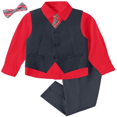 Dark Grey Suit for Kids Boys Toddler Vest and Pants Set Size 7 Little Boy Formal Dresswear for Wedding Christmas School Uniforms with Red Dress Shirt and Tie