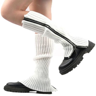 Urieo Zipper Warm Leg Warmers White Knitted Long Footless Socks Winter Boot Cuffs Christmas Knit Leg Sleeves for Women