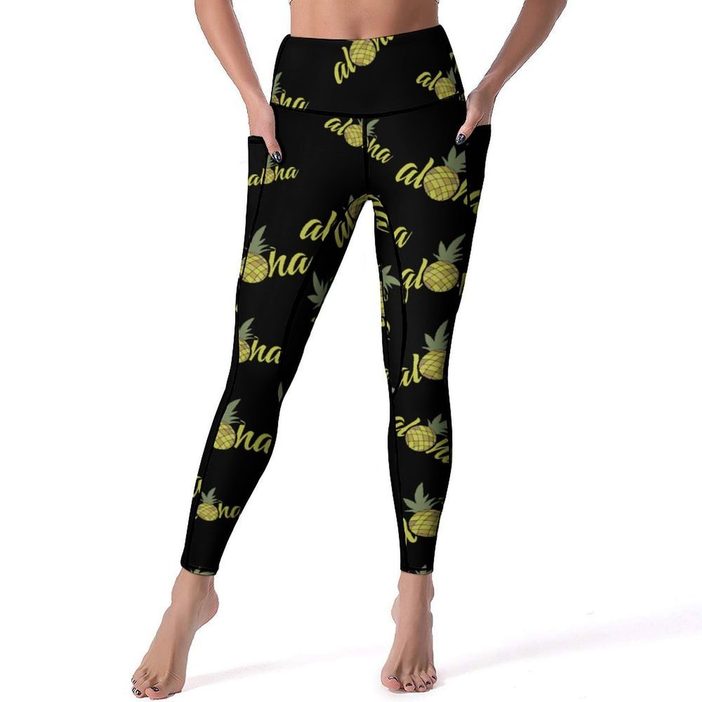 Aloha Pineapple High Waist Yoga Pants Workout Leggings for Women with Pockets Running M