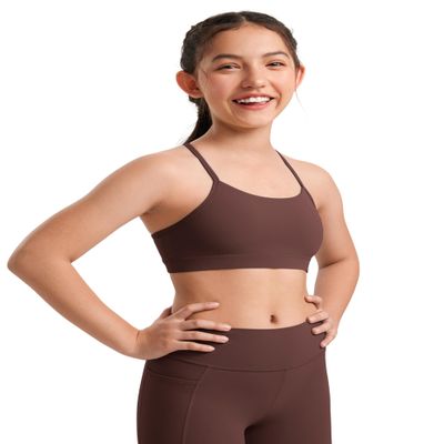 CRZ YOGA Girls Butterluxe Y Back Sports Bra - Yoga Athletic Casual Tops Scoop Neck Spaghetti Strap Padded Crop Kids Teen Taupe Medium