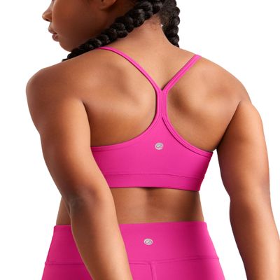 CRZ YOGA Girls Butterluxe Y Back Sports Bra - Yoga Athletic Casual Tops Scoop Neck Spaghetti Strap Padded Crop Kids Teen Hibiscus Purple X-Large