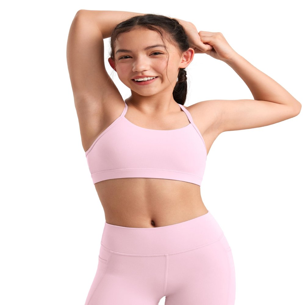 CRZ YOGA Girls Butterluxe Y Back Sports Bra - Yoga Athletic Casual Tops Scoop Neck Spaghetti Strap Padded Crop Kids Teen Pink Peony Medium