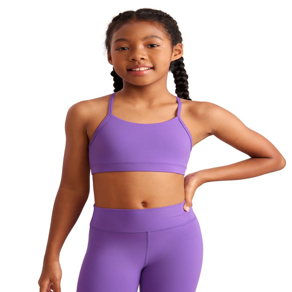 CRZ YOGA Girls Butterluxe Y Back Sports Bra - Yoga Athletic Casual Tops Scoop Neck Spaghetti Strap Padded Crop Kids Teen Royal Lilac Medium