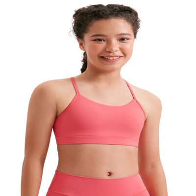 CRZ YOGA Girls Butterluxe Y Back Sports Bra - Yoga Athletic Casual Tops Scoop Neck Spaghetti Strap Padded Crop Kids Teen Raspberry Sorbet Medium