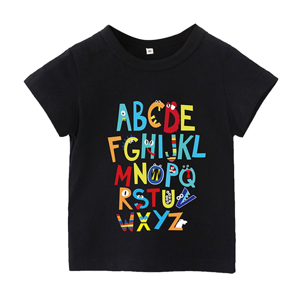 Kids Toddler Children Boys Short Sleeve Tee Tops Summer Print Letter Tshirt Casual Clothes Crewneck Basic Shirts(Black,18-24 Months)