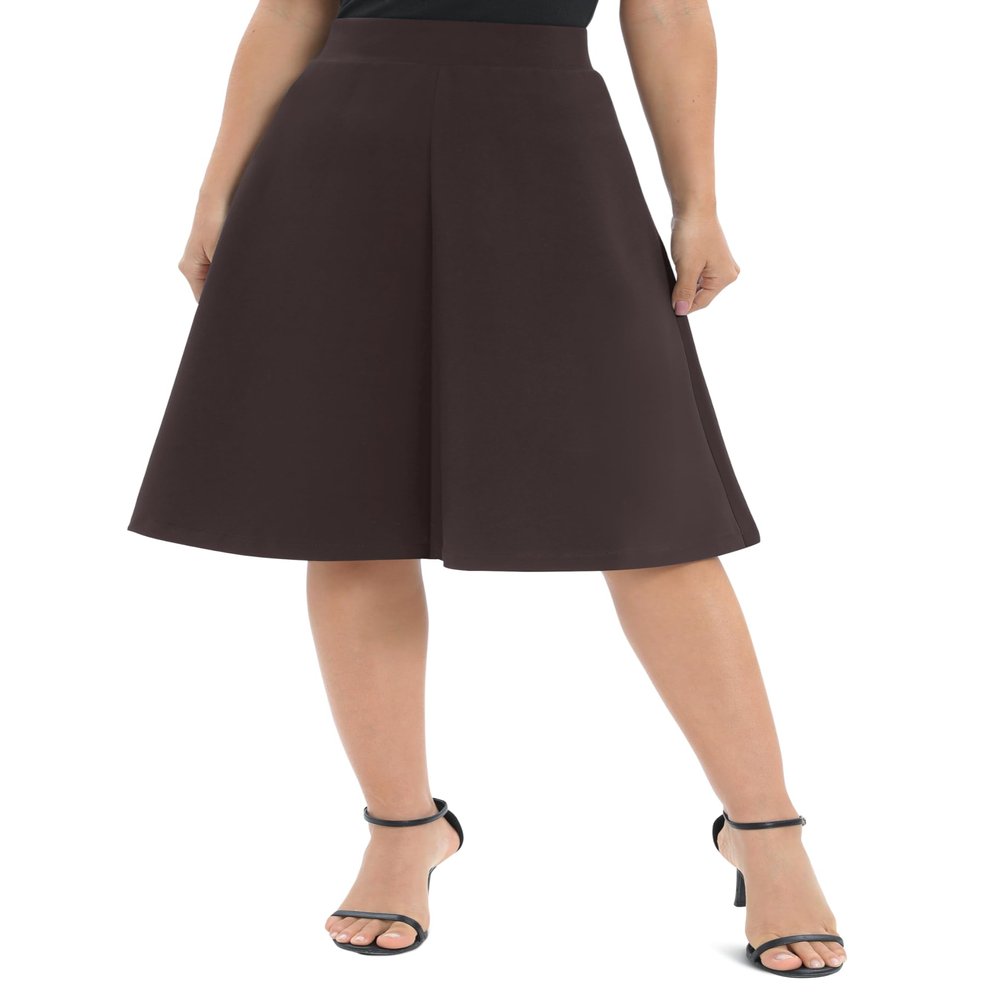 Urban CoCo Women's A-Line Elastic High Waist Flare Work Midi Knee Length Stretchy Skirt(L, Brown)