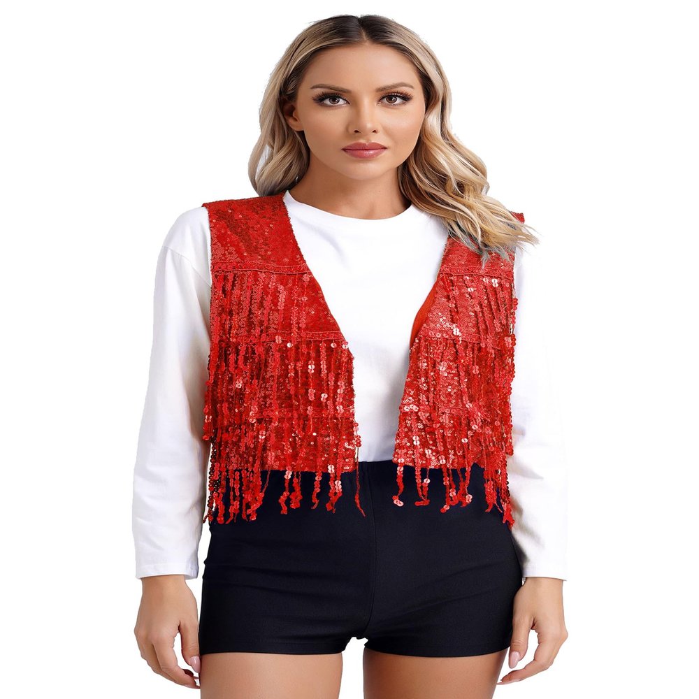 Kvysinly Women's Fringe Sequins Waistcoat Open Front Jacket Sleeveless Coat Glitter Vest Tops Red XX-Large