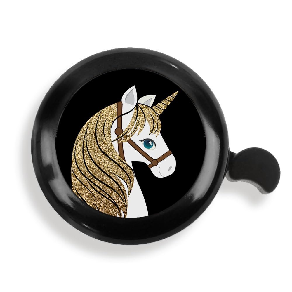 WIRESTER Black Aluminum Round Bike Bell, Classic Ring Bicycle Bell, Bike Accessories Bell Ring for Adults Kids Girls Boys - White Unicorn Head with Gold Mane and Horn