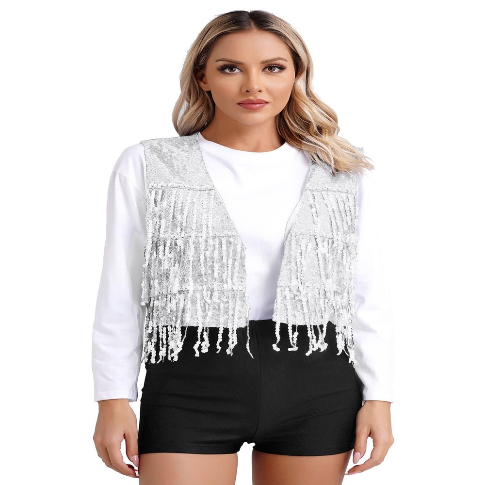 JEYPINMI Women Sequin Fringe Sleeveless Vest Shiny V Neck Open Front Waistcoat Causal Party Dance Clubwear Silver 3X-Large