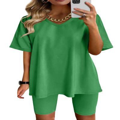 2 Piece Outfits For Women Short Sleeve V Neck T Shirts High Waist Set St Patrick's Day Green L