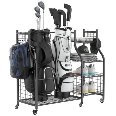 WALMANN Garage Golf Bag Storage Organizer Stand, Extra Large Golf Bag Stand with Golf Accessories Storage Shelves Rolling Golf Bags Organizer