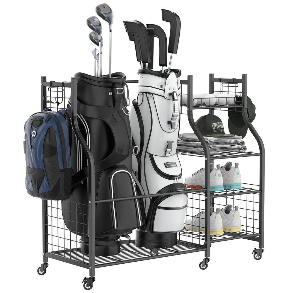 WALMANN Garage Golf Bag Storage Organizer Stand, Extra Large Golf Bag Stand with Golf Accessories Storage Shelves Rolling Golf Bags Organizer