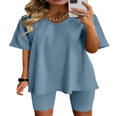 AGSEEM Vacation Outfits For Women 2 Piece Summer High Waist Sweatsuits Set Light Blue M