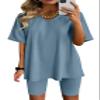 AGSEEM Vacation Outfits For Women 2 Piece Summer High Waist Sweatsuits Set Light Blue M view 1