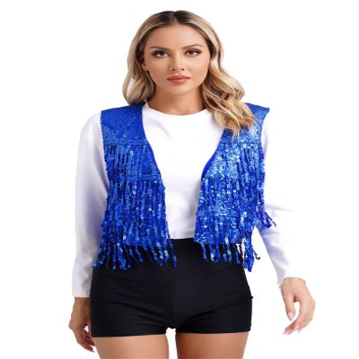 JEYPINMI Women Sequin Fringe Sleeveless Vest Shiny V Neck Open Front Waistcoat Causal Party Dance Clubwear Royal Blue Small