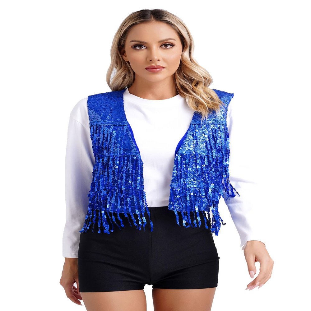 JEYPINMI Women Sequin Fringe Sleeveless Vest Shiny V Neck Open Front Waistcoat Causal Party Dance Clubwear Royal Blue Small