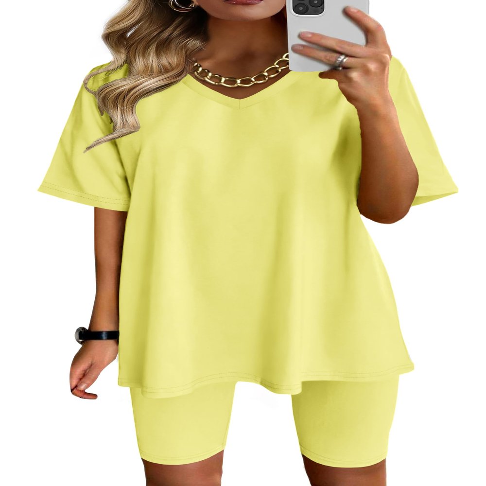 AGSEEM Cute Summer Plus Size Outfits Casual Summer Short Sleeve Sweatsuits Yellow 2XL