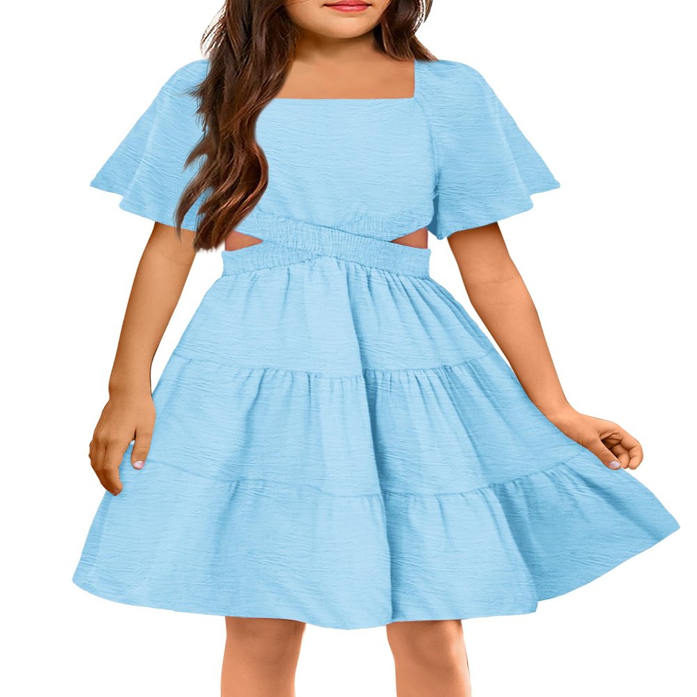 Arshiner Girls Dresses Square Neck Cut Out Shirred Ruffle Hem Easter Cute Spring Blue Dress 9-10 Years
