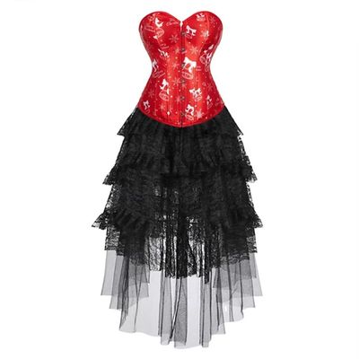 Hengzhifeng Women Renaissance Party Print Bustier Corset Top with Tulle Skirt (Large,Red)