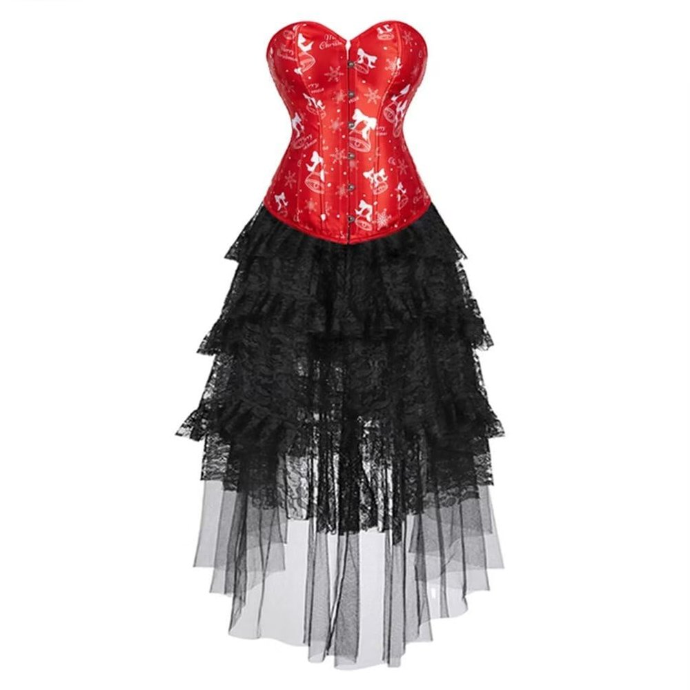 Hengzhifeng Women Renaissance Party Print Bustier Corset Top with Tulle Skirt (Large,Red)