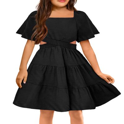 Arshiner Girls Dresses Square Neck Cut Out Shirred Ruffle Hem Funeral Semi Formal Black Dress Size 9-10