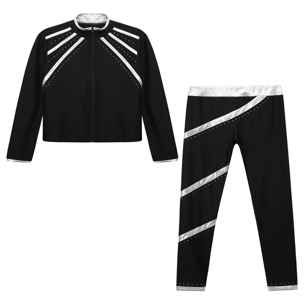 Huimingda Kids Girls Figure Skating Outfit Shiny Ice Skating Jacket with Athletic Leggings Sets Performance Dancewear Silver 14 Years