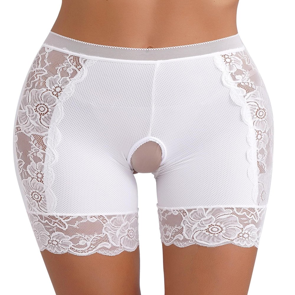 Agoky Women's Lace Trim Boyshort Panties Sissy Lingerie Boxer Briefs Hipster Crotchless Undershorts White Large