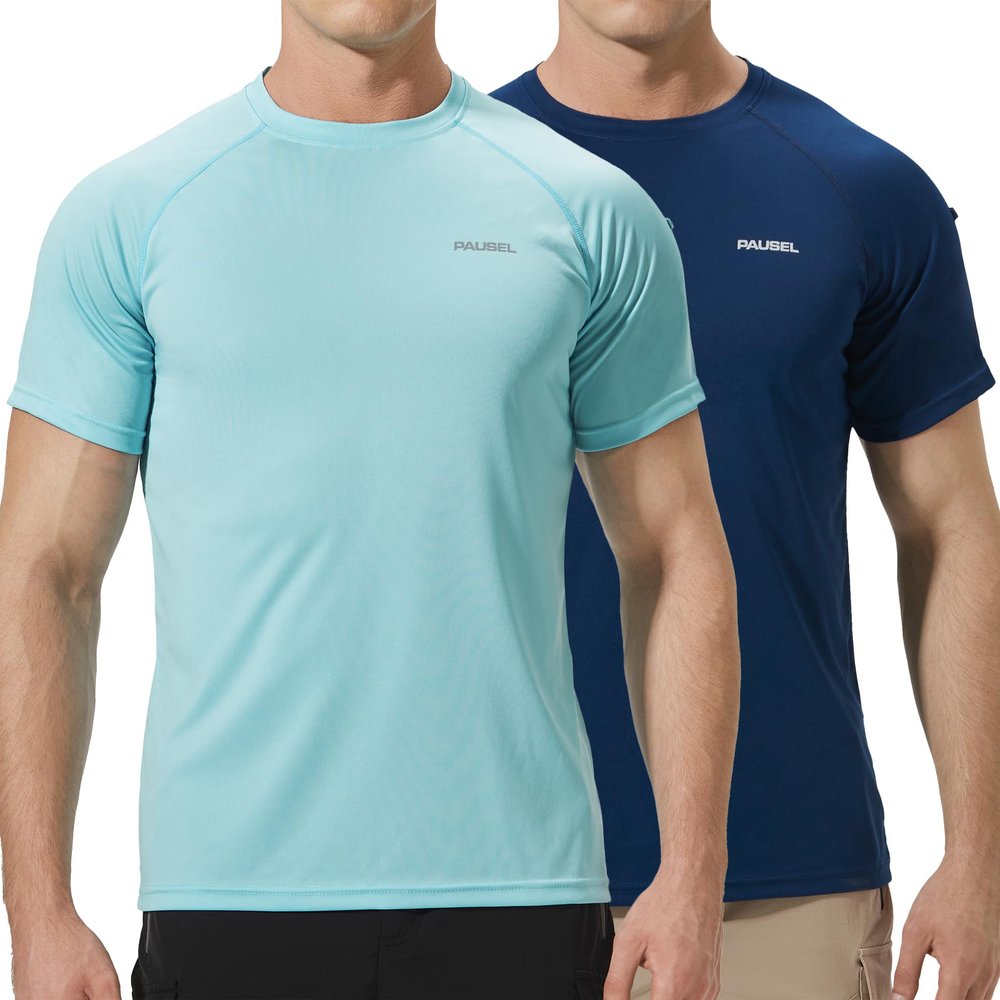 Pausel Men's Rash Guard Swim Shirts Short Sleeve UV Sun Protection Quick Dry UPF 50+ SPF Fishing Beach Water Shirt Light Blue/Navy Blue 3XL
