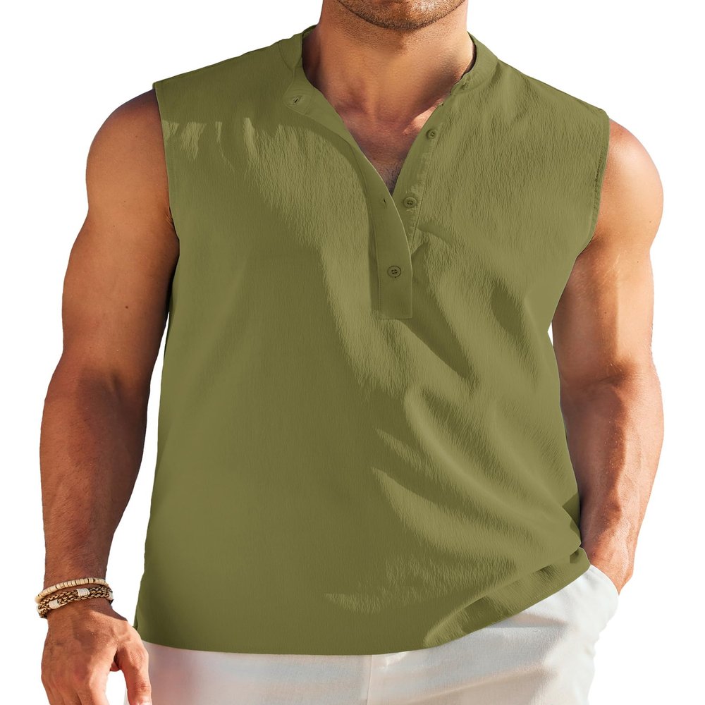COOFANDY Sleeveless Button Up Shirt for Men Beach Casual Tank Tops Summer Henley Tank Shirts Fashion Tunic Army Green