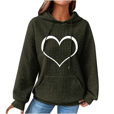 Womens Waffle Hoodies Valentine's Day Sweatshirt Casual Fashion Tops Long Sleeve Pullover Comfy Heart Print Sweaters Army Green