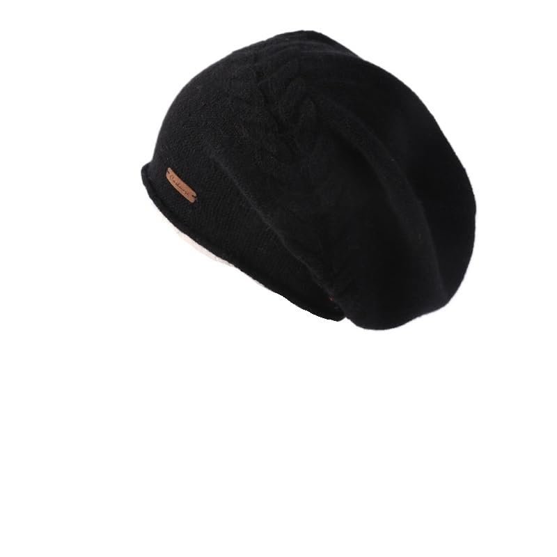 100% Cashmere Beanies Hat for Women Winter Knitted Solid Twist Warm Soft Slouchy Headgears Hats Ear Protect Skullies Bonnet (Color : Black, Size : One Size)