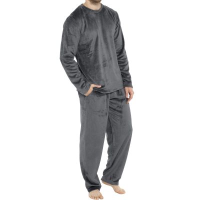 xoxingysm Mens Flannel Pajamas Set Cotton PJs Crewneck Pullover Warm Soft Lounge Sleepwear Top & PJ Pants with Pockets Dark Gray