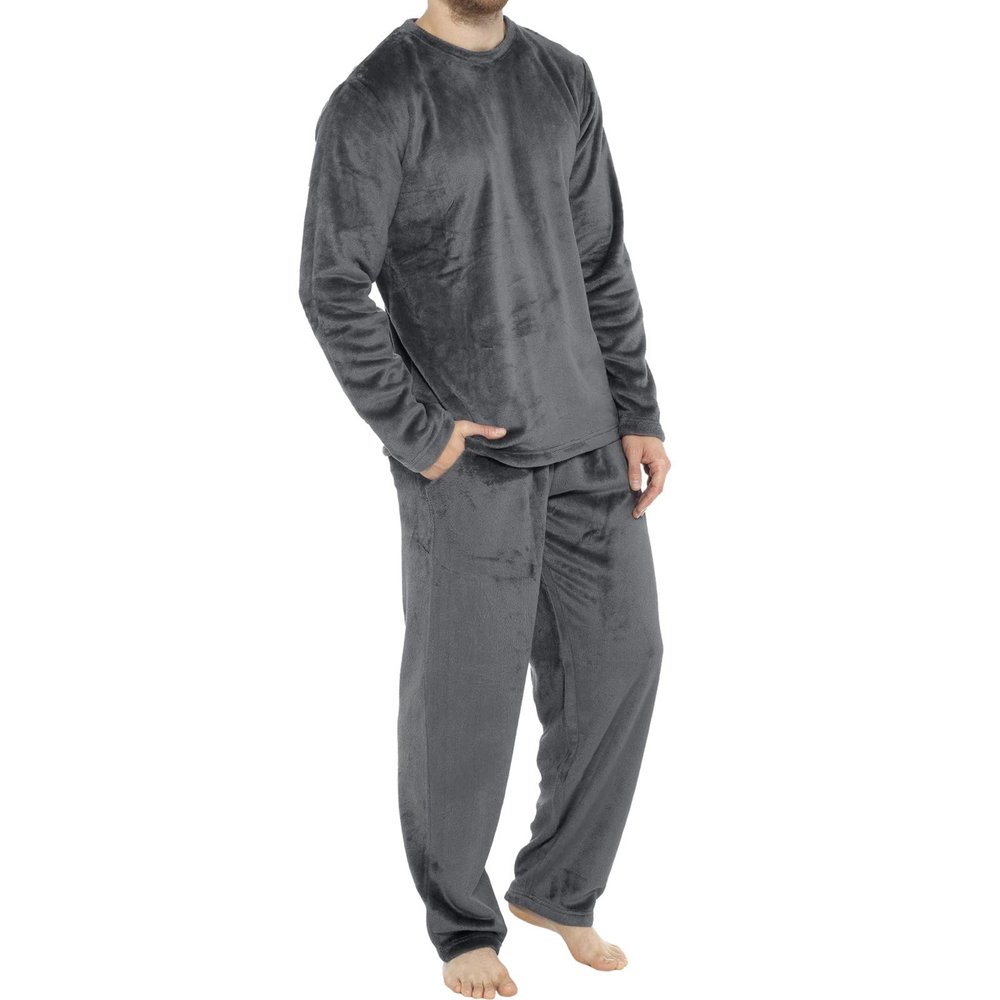 xoxingysm Mens Flannel Pajamas Set Cotton PJs Crewneck Pullover Warm Soft Lounge Sleepwear Top & PJ Pants with Pockets Dark Gray