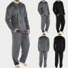 xoxingysm Mens Flannel Pajamas Set Cotton PJs Crewneck Pullover Warm Soft Lounge Sleepwear Top & PJ Pants with Pockets Dark Gray view 4