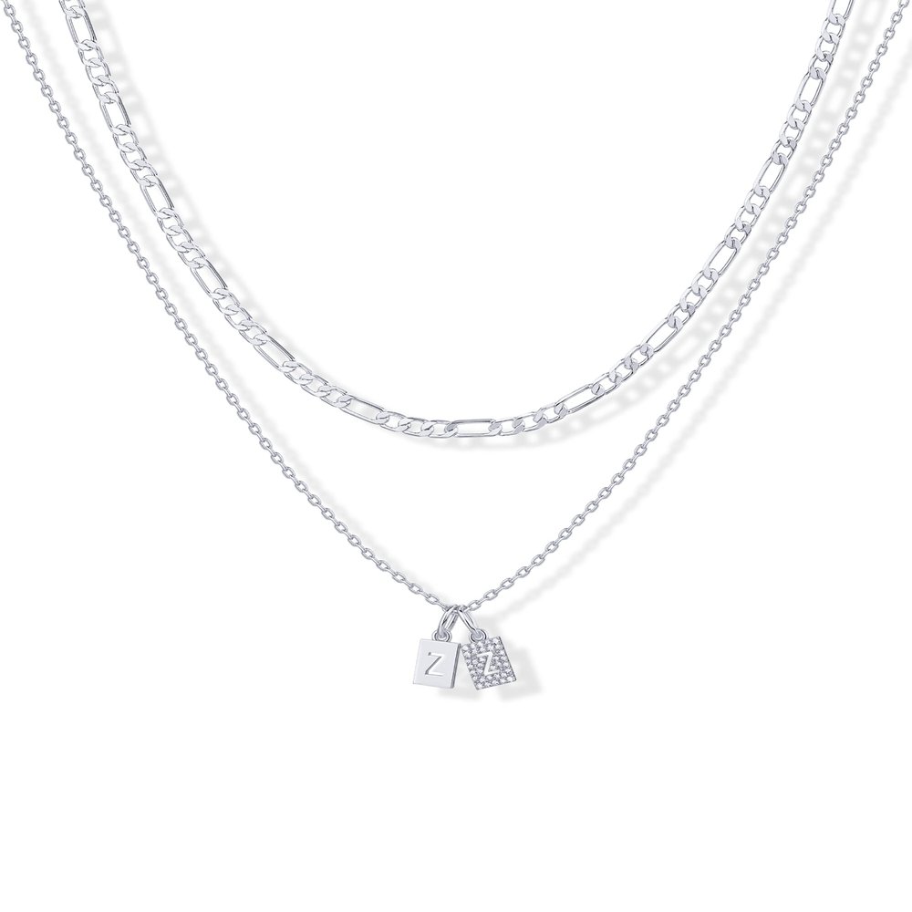 PAVOI CZ Dainty Initial Letter Chain Double Pendant Necklace, White Gold, Z