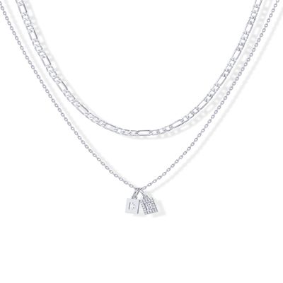 PAVOI CZ Dainty Initial Letter Chain Double Pendant Necklace, White Gold, B