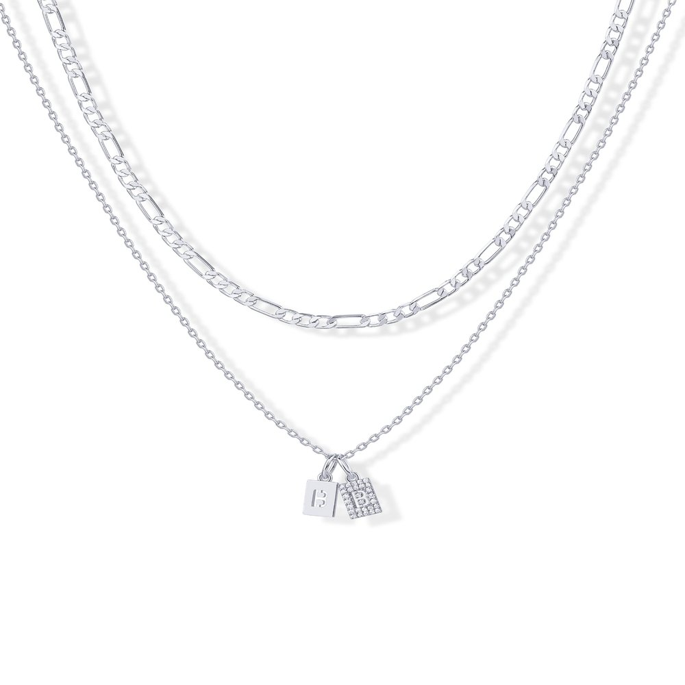 PAVOI CZ Dainty Initial Letter Chain Double Pendant Necklace, White Gold, B