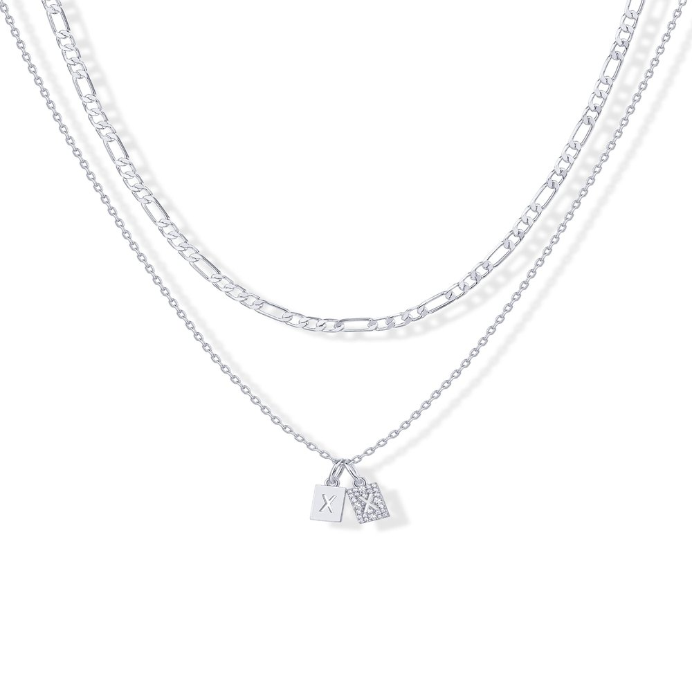PAVOI CZ Dainty Initial Letter Chain Double Pendant Necklace, White Gold, X