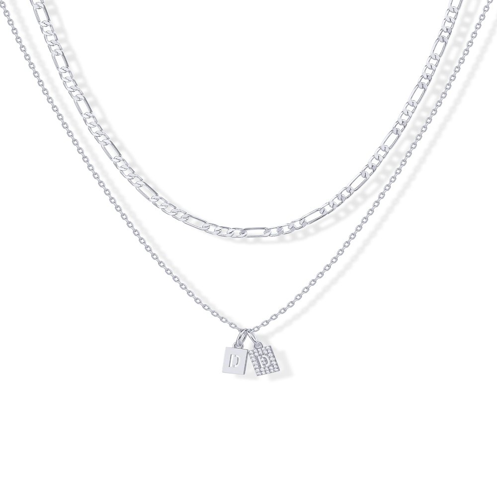 PAVOI CZ Dainty Initial Letter Chain Double Pendant Necklace, White Gold, D