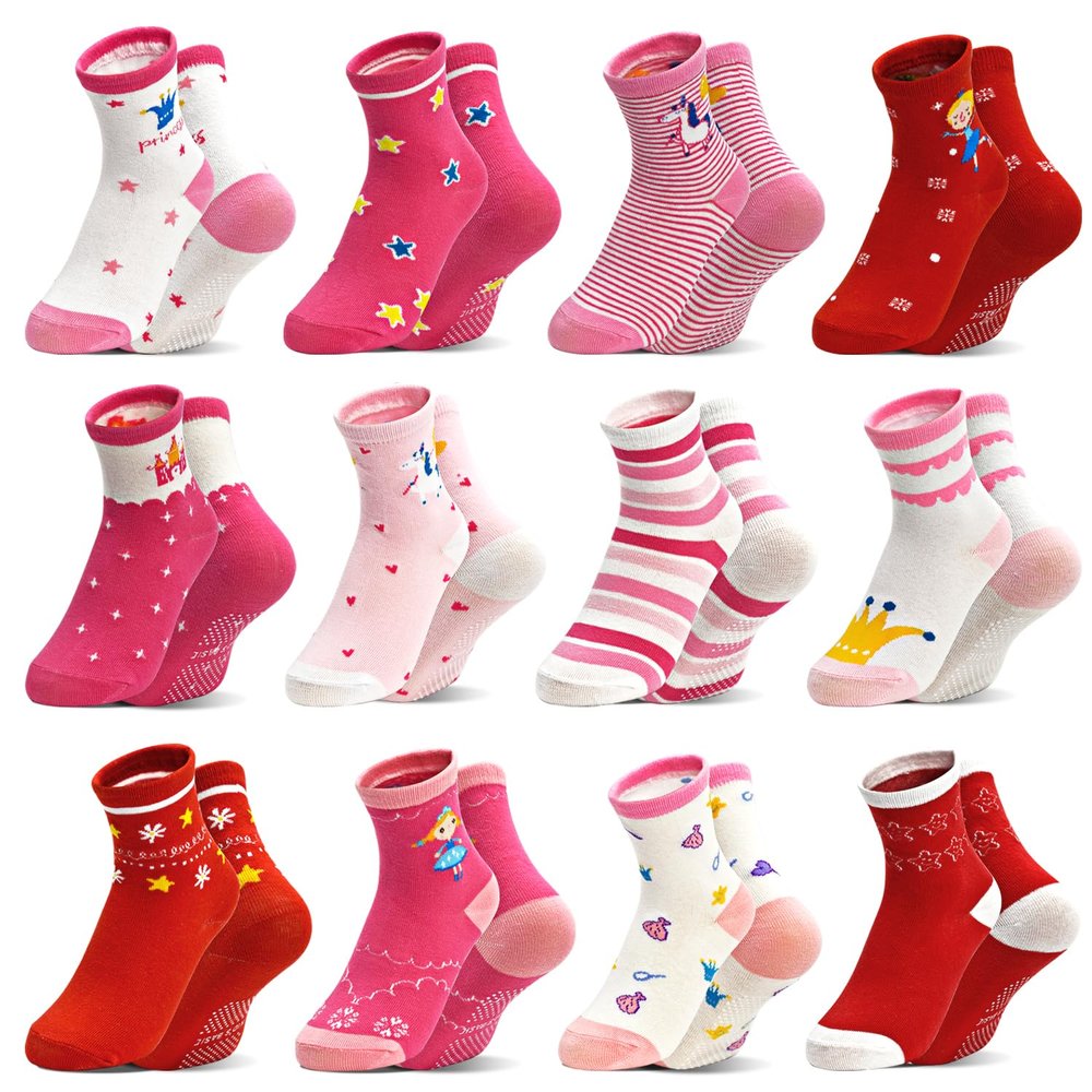 SkiBeaut Toddlers Girls Socks 12 Pairs Non Slip Skid Crew Socks with Grips for Little Girl Toddler Kids Gripper Socks for 1-3 Years Girls