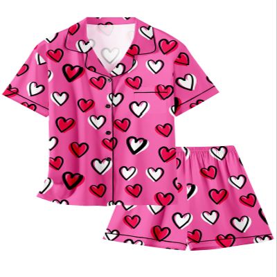 Schbbbta Girls Satin Pajamas Set Short Sleeve Button Down Shirts Shorts Sleepwear 2 Piece Silky PJ Sets, Heart Hot Pink, 13-14 Years = Tag 170