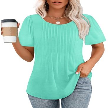Womens Summer Tops Loose Fit Round Neck Short Sleeve Pleated T Shirts Beach Vacation Essentials Plus Size Women Blouses Aqua M