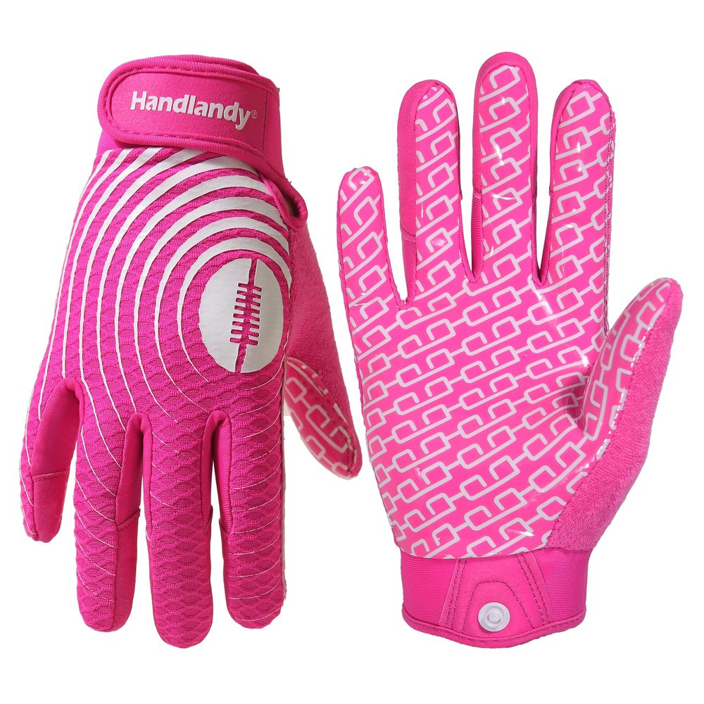 HANDLANDY Youth Football Gloves, Sticky Wide Receiver Gloves for Kids, White and Gold Stretch Fit Football Glove (Pink and White, Medium)