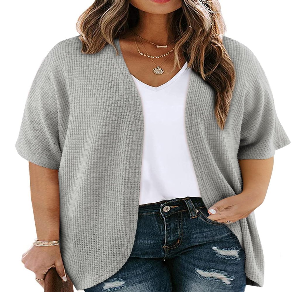 Eytino Womens Plus Size Kimono Cardigan Short Sleeve Open Front Cover Up Loose Casual Blouse Oversized Light-Weight Solid Tops Gray 4X