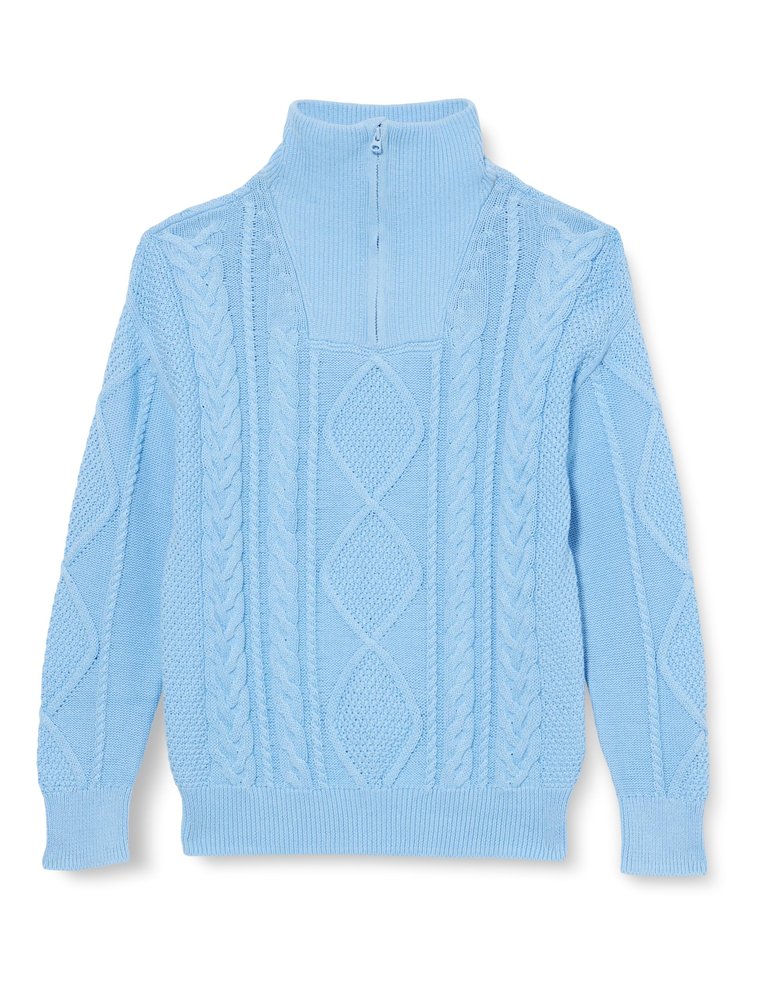 Amazon Essentials Boys Quarter-Zip Cable-Knit Relaxed-Fit Sweater, Powder Blue, Medium