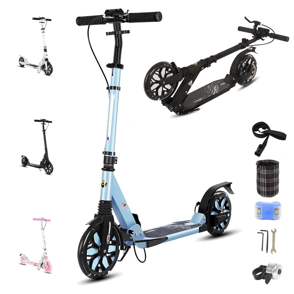 GLDDFDG Adult Kick Scooter with Brakes, Aluminum Alloy Lightweight Scooter for Teens & Adults, with Foot Support Frame, Shock AbsorptionDesign, Big Wheels Foldable Scooter for Indoor & Outdoor,Blue