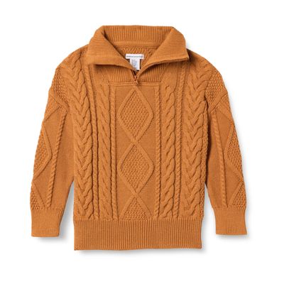 Amazon Essentials Boys' Quarter-Zip Cable-Knit Relaxed-Fit Sweater, Caramel, Medium